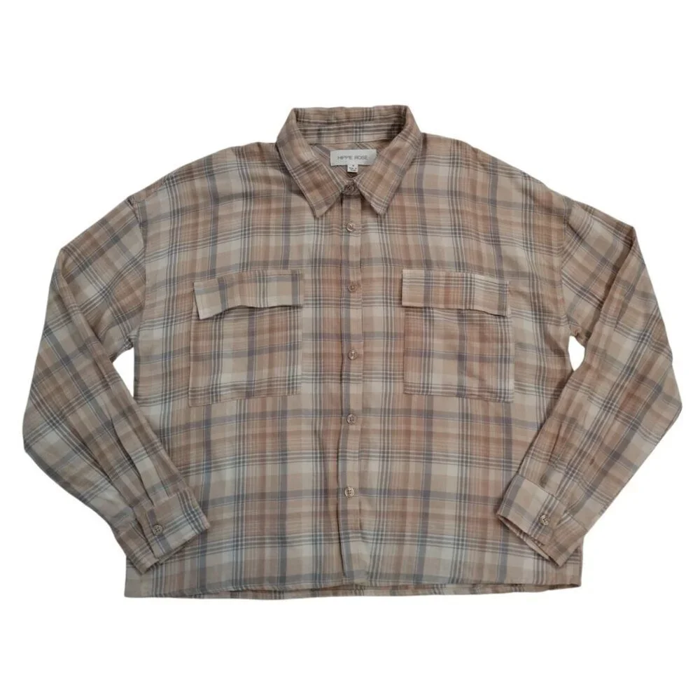 Plaid Long-Sleeve Shirt M By Hippie Rose Cotton & Viscose Beige, Button Front.